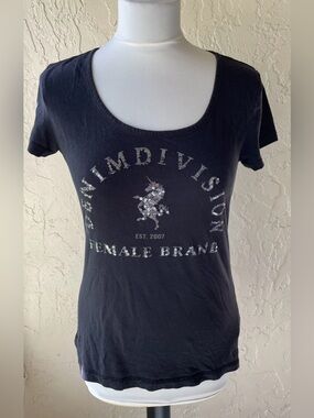 Tom Tailor Women Tee Shirt Size EU L Black Sequins Short Sleeves Graphic Casual